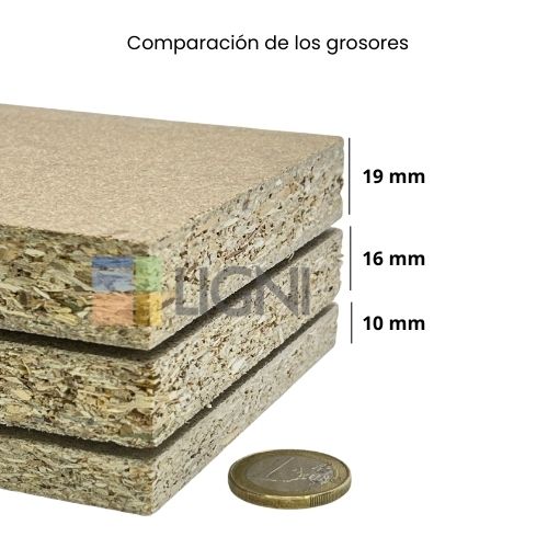 comparación de grosores de tableros aglomerado de 10 mm, 16 mm y 19 mm