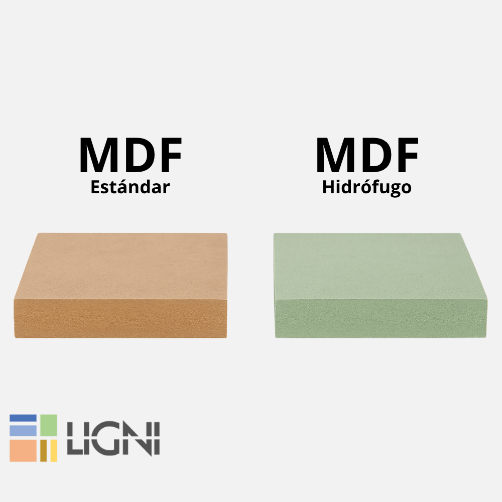 Comparativa entre tablero MDF estándar y MDF hidrófugo, mostrando su color y grosor.